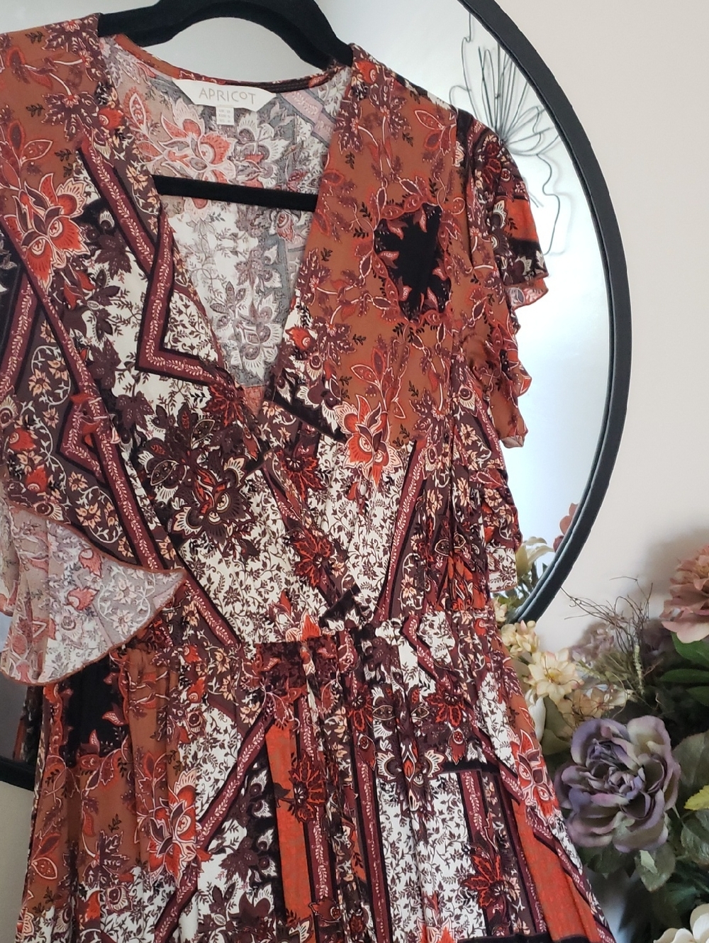 Apricot Floral Patchwork Midi Dress in Rust & Burgundy